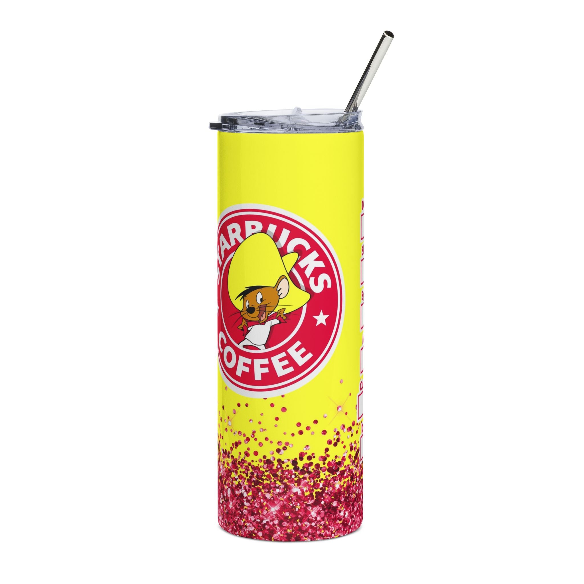 20oz Stainless Tumbler — Bright Yellow 'Starrbucks Coffee' Glitter Design