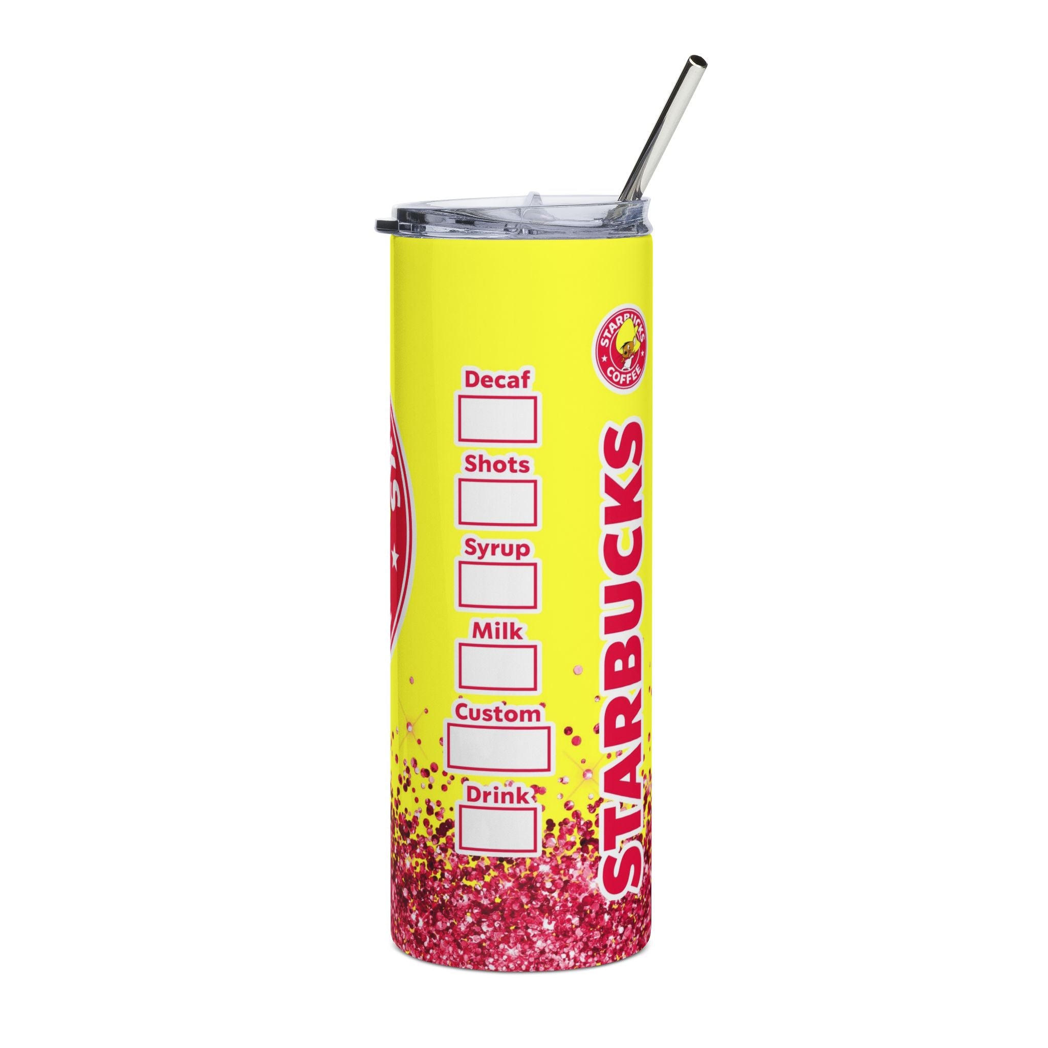 20oz Stainless Tumbler — Bright Yellow 'Starrbucks Coffee' Glitter Design