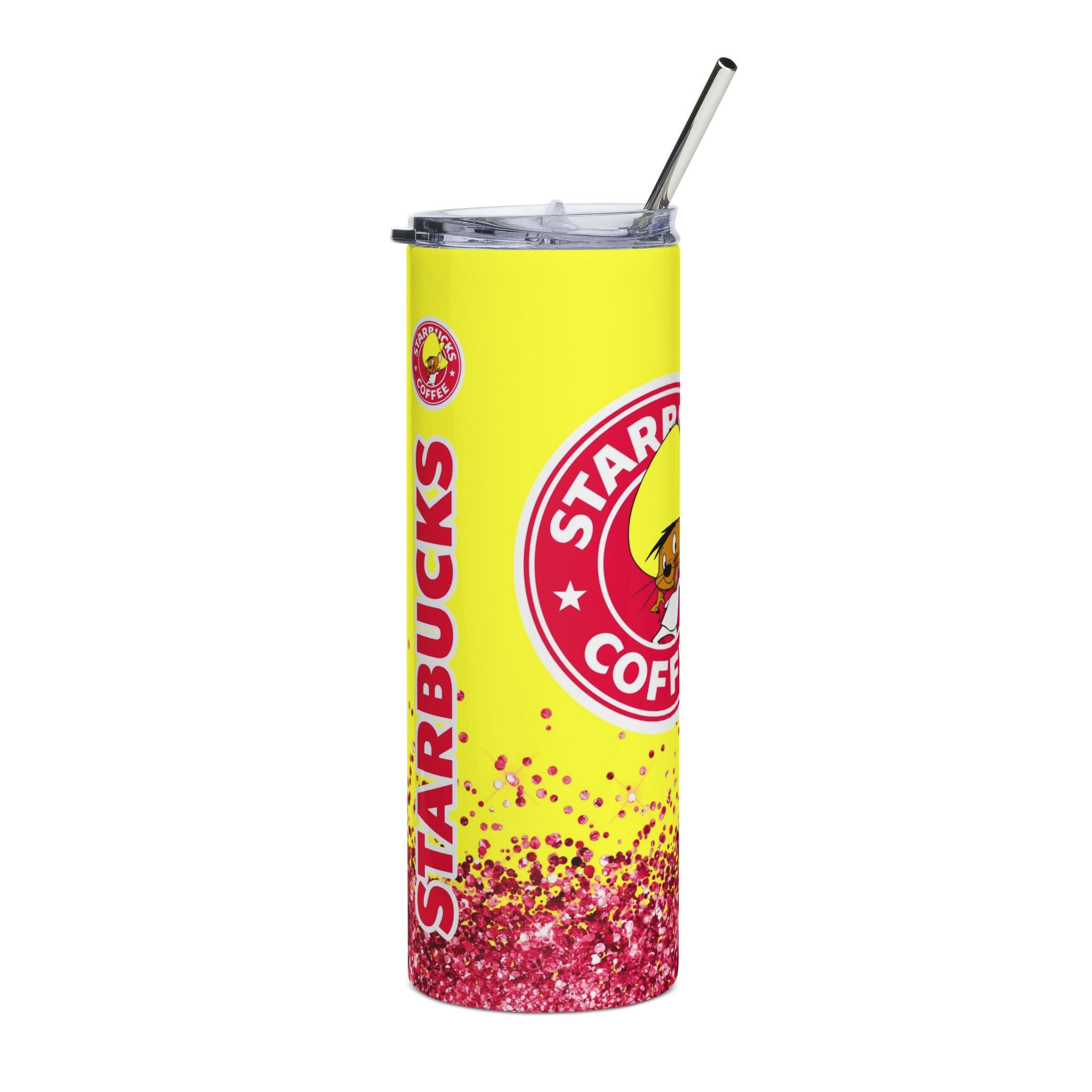 20oz Stainless Tumbler — Bright Yellow 'Starrbucks Coffee' Glitter Design