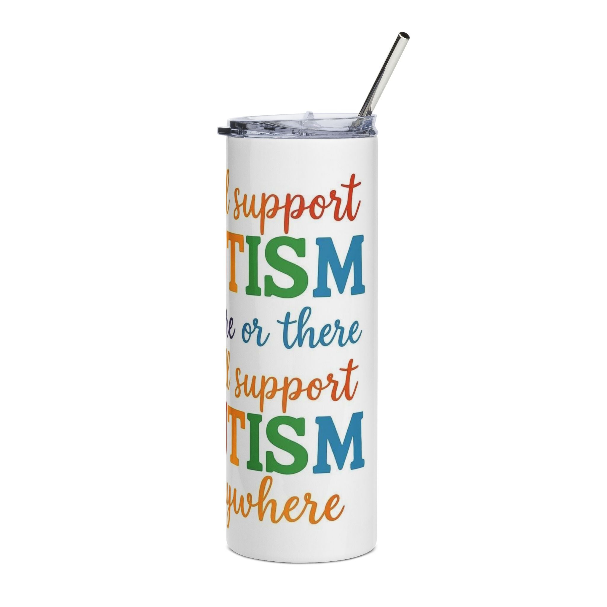 Autism Awareness 20oz Stainless Tumbler – “I Will Support Autism” Rainbow Ribbon Design