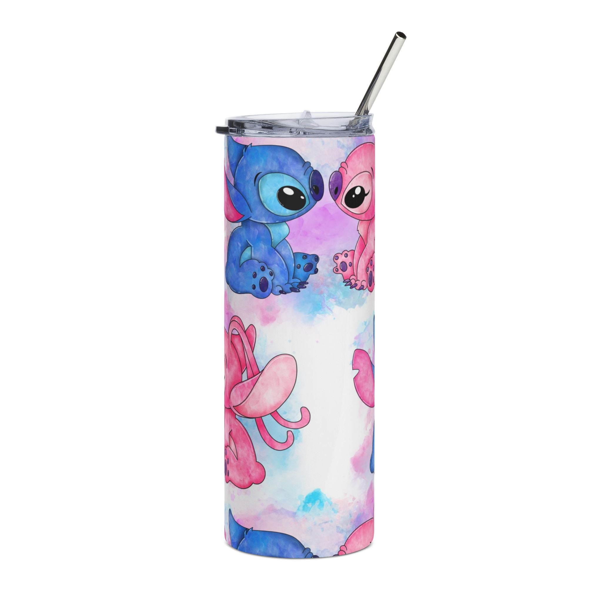 20oz Stainless Steel Tumbler — Cute Pink & Blue Stitch Watercolor Design