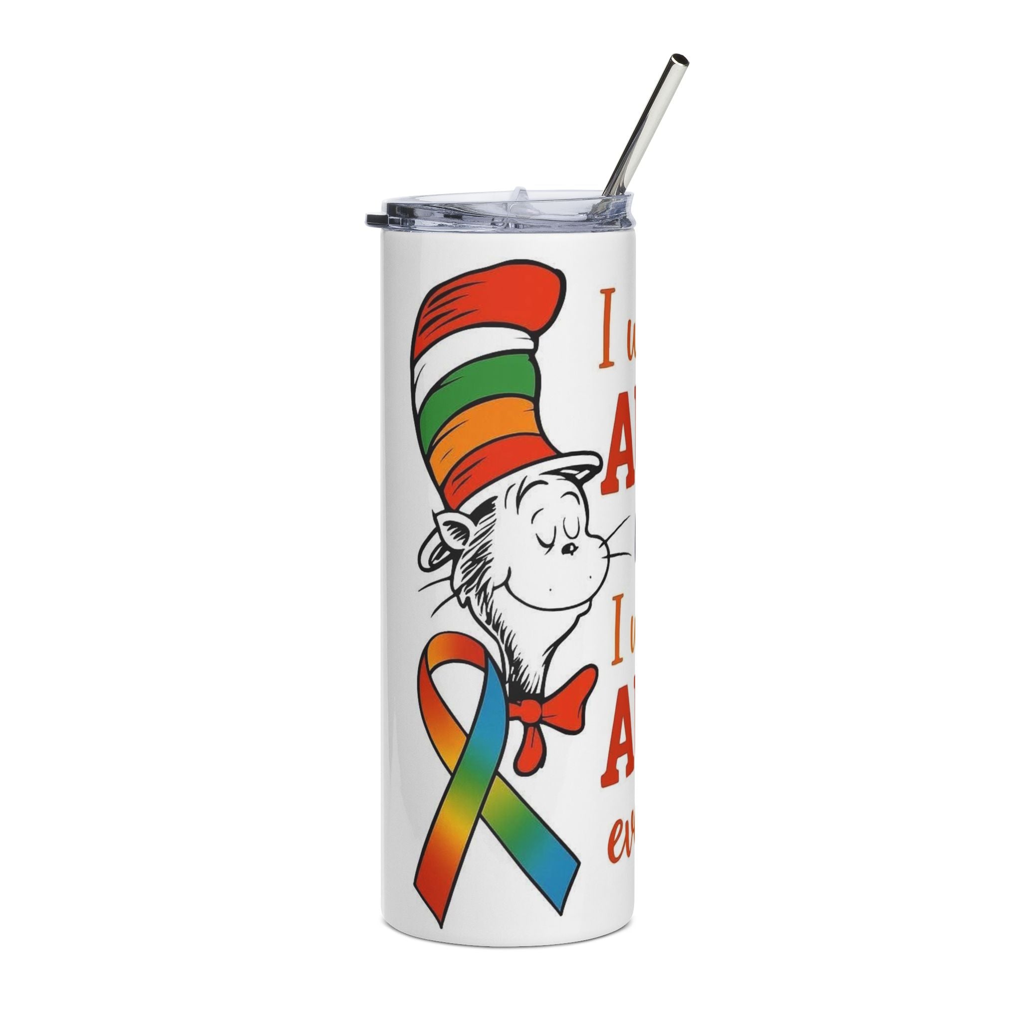 Autism Awareness 20oz Stainless Tumbler – “I Will Support Autism” Rainbow Ribbon Design