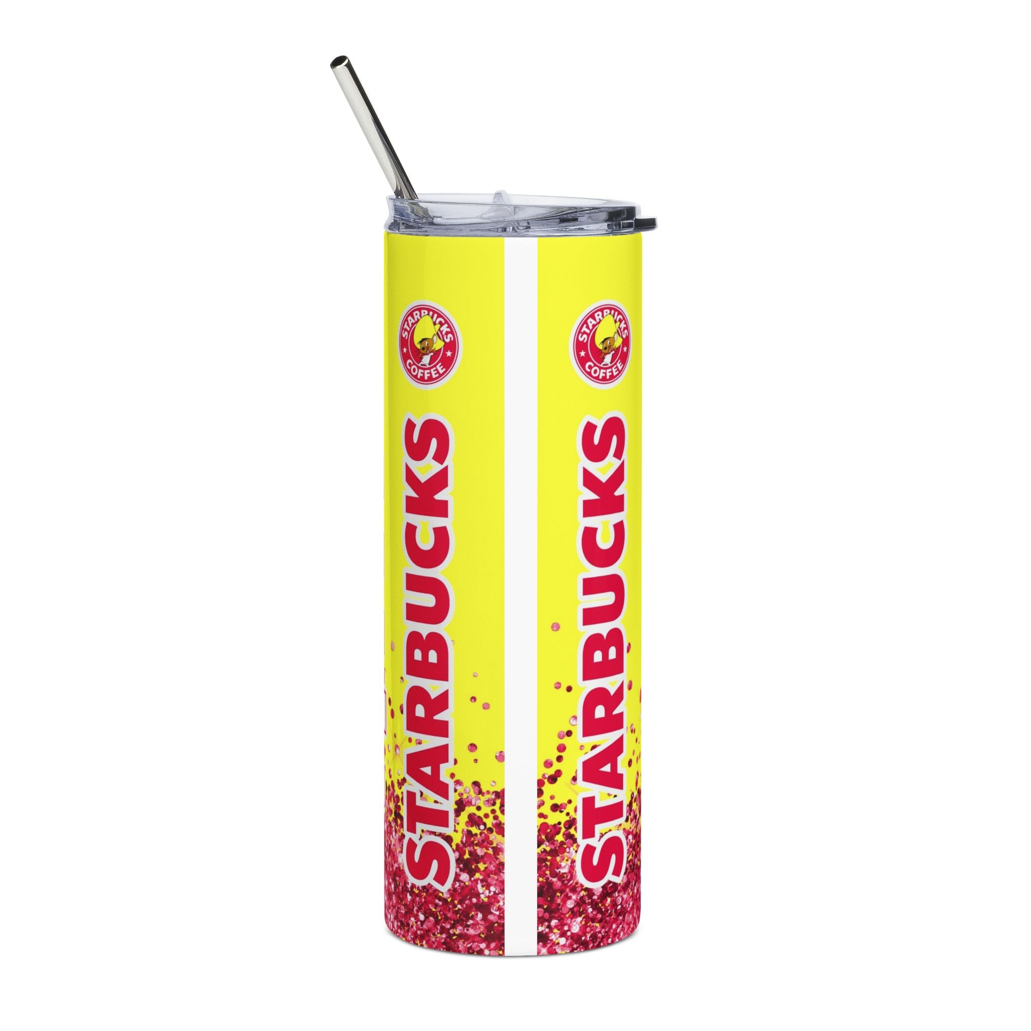 20oz Stainless Tumbler — Bright Yellow 'Starrbucks Coffee' Glitter Design